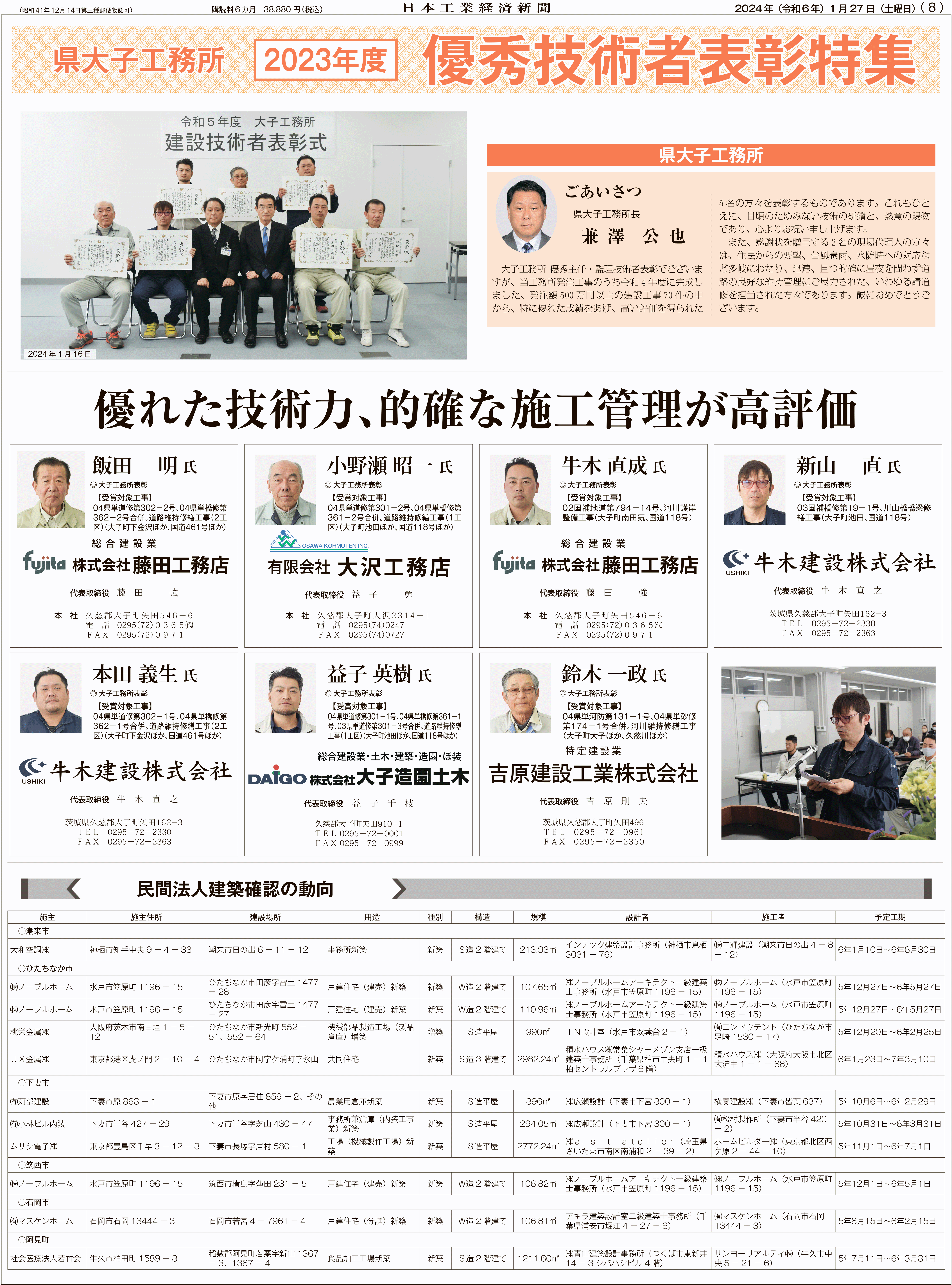 県大子工務所優秀技術者